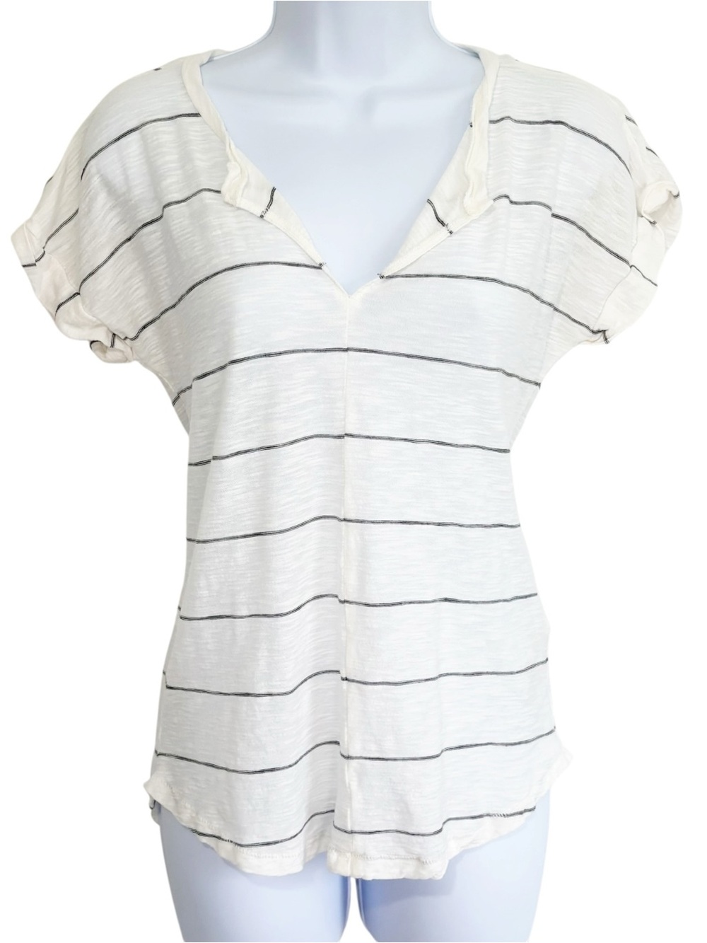 MADEWELL Turntable Split Neck Tee Calgary Stripe V Neck Top Ivory Black XS